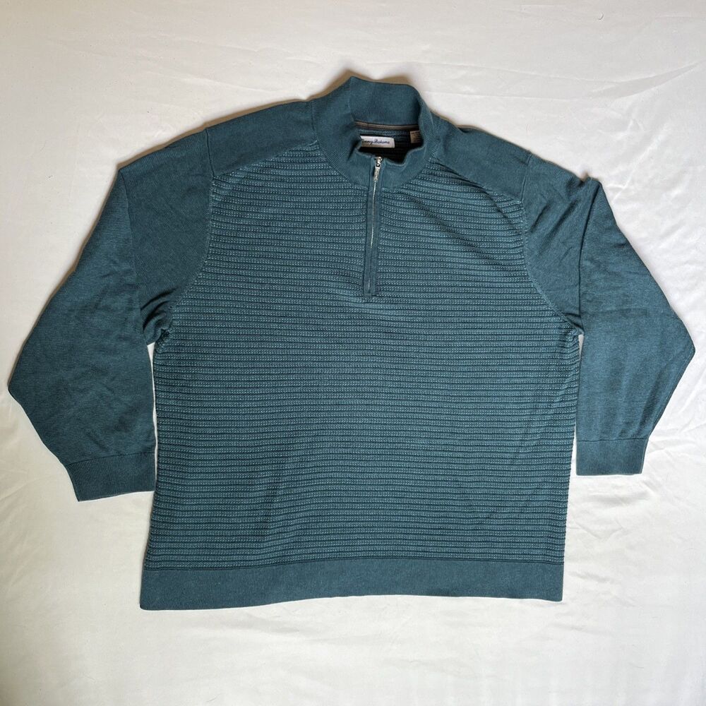 Tommy Bahama Men's 2XLB Quarter Zip Sweater Teal Textured Knit Ribbed